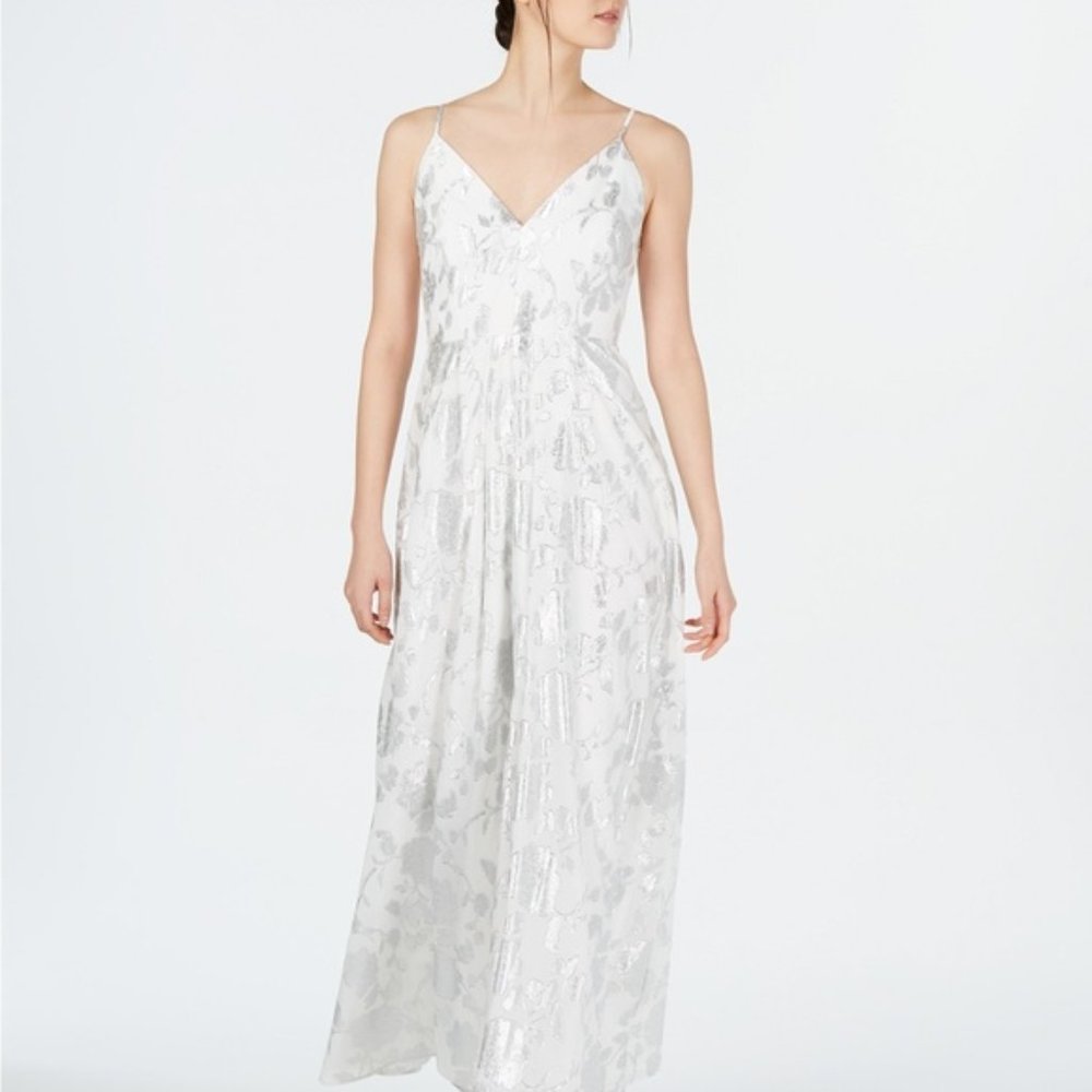 Silver-White V-Neck Maxi Dress